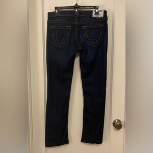 True Religion, Dark Blue, Low Rise, Straight Leg, Unhemmed Jeans